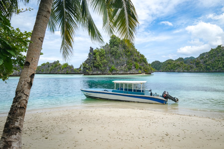 Місул: Ідилічний пляж Пляж з білим піском та пальмами на острові Місул, Раджа Ампат.