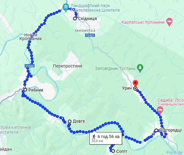 Похід зі Східниці до Урича: легше пройти ніж доїхати 42 Маршрут від Східниці до Урича / скріншот Google maps