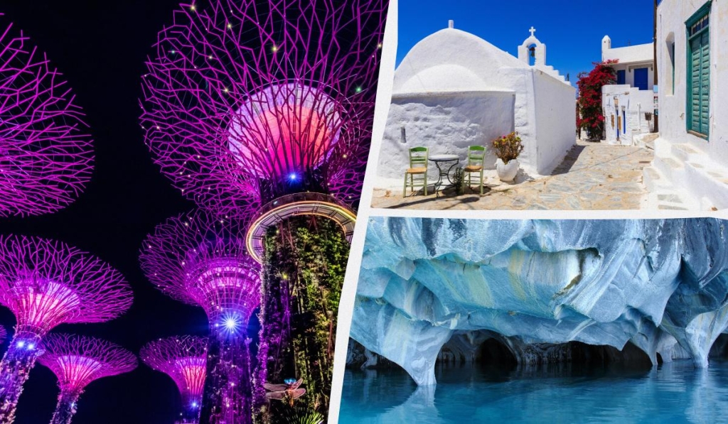 Синій, жовтий, білий: як вибрати місце відпочинку за улюбленим кольором 1 Сінгапур, Греція і Чилі порадують любителів фіолетового, білого і синього / колаж ТА