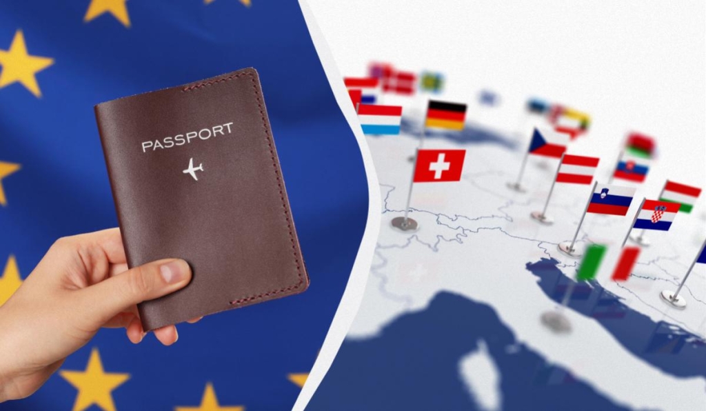 Швидке громадянство ЄС 2026 Колаж з картами Європи, документи та українські громадяни, що прагнуть швидко отримати громадянство ЄС у 2026 році.