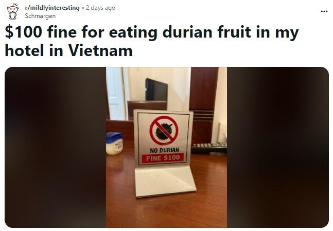 В Азії за поїдання цього фрукта можна отримати штраф 100 доларів: про що попередили туристів 2 Туристам заборонили їсти дуріан у в'єтнамському готелі / скріншот з Reddit
