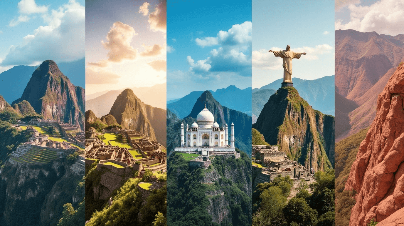 Великі чудеса світу Захоплююча панорама семи видатних історичних чудес світу, готових до відкриття у 2026 році, на фоні яскравого неба.
