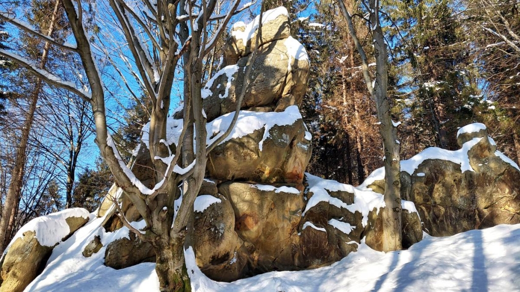 Зимова Тустань: пригоди Скелі Тустані взимку: безлюдні простори, вкриті снігом, зимова атмосфера та спокій.