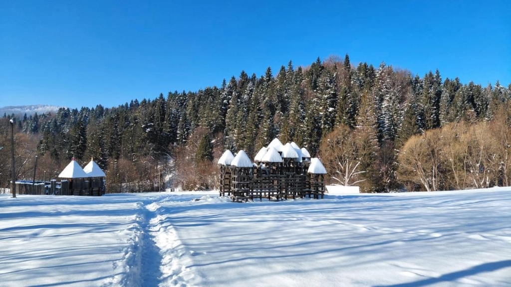 Засніжені скелі Тустані Скелі Тустані взимку: вкриті снігом, величні та безлюдні краєвиди історичної фортеці.
