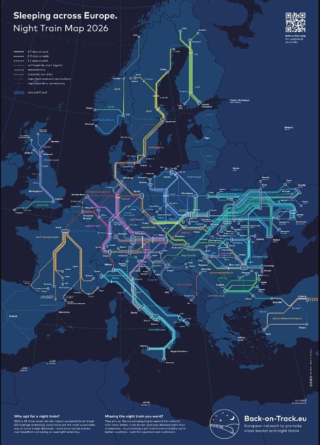 В Європі розроблено карту нічних потягів, які будуть діяти у 2026 році. 2 У Європі створили карту всіх нічних поїздів, що курсують у 2026 році
